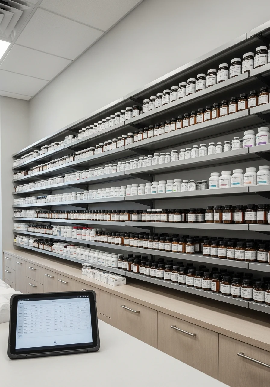 Phoenix Pharmacy in La Palma — practitioner-grade supplement shelves and eMAR tablet